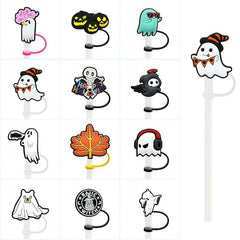 16pcs Halloween Straw Tips Cover Pumpkin Skeleton Ghost Straw Silicone Stopper