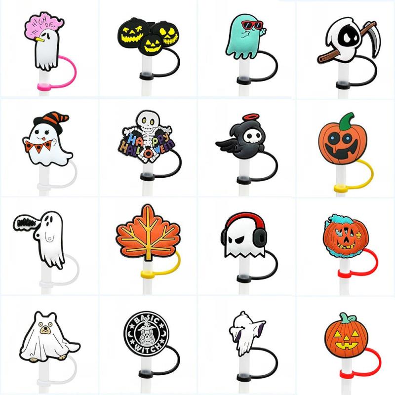 16pcs Halloween Straw Tips Cover Pumpkin Skeleton Ghost Straw Silicone Stopper
