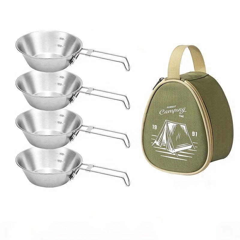 4pcs Stainless Steel Camping Cups & Bowl Set with Storage Bag