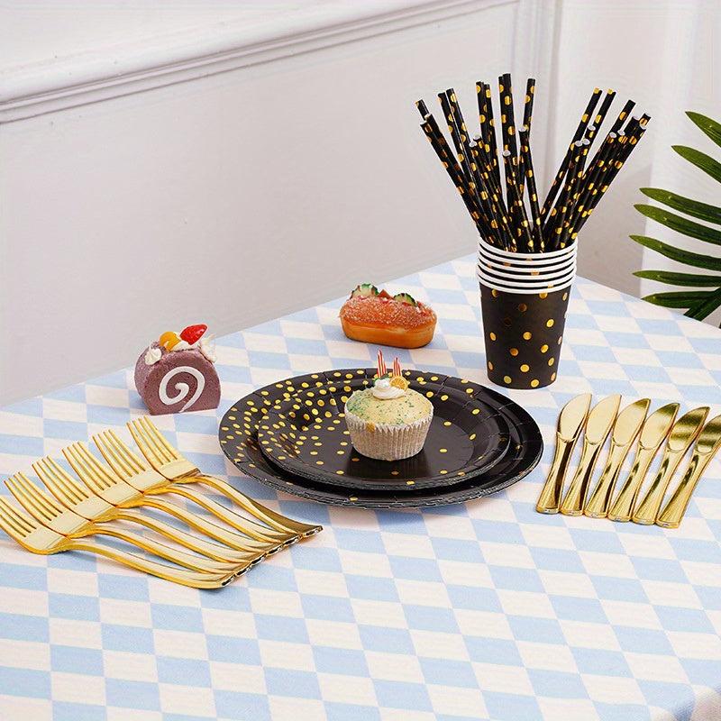 24pcs Polka Dots Disposable Plates Cups Straws Set