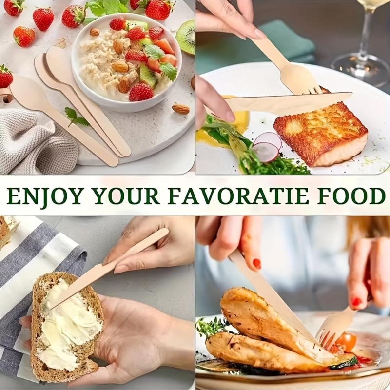10pcs Disposable Wooden Fork And Spoon Set Biodegradable Catering Camping Party