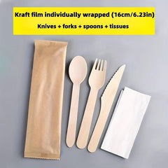 10pcs Disposable Wooden Fork And Spoon Set Biodegradable Catering Camping Party