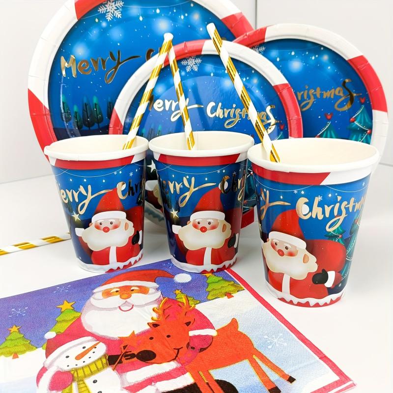 Disposable Christmas Dinnerware Set Paper Plates Napkins Cups Party Decoration