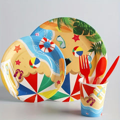 Beach Party Supplies Kit - Disposable Cups Plates Forks Decorations