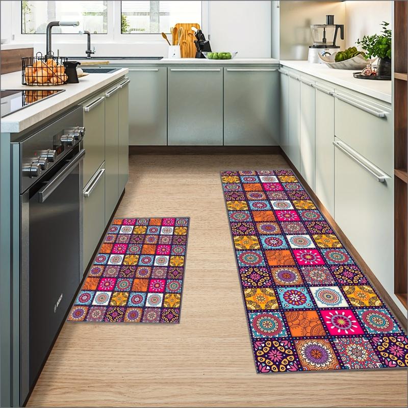 2pcs Vintage Boho Kitchen Mats Set Non-Slip Waterproof Entrance Doormat