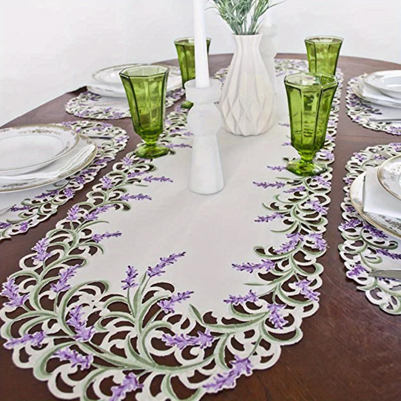 Lavender Lace Embroidered Table Runner Floral Fabric TV Bedside Cabin