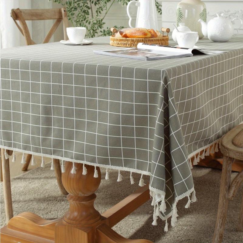 Gray Plaid Tassel Tablecloth Rectangle Stain Resistant Waterproof