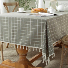 Gray Plaid Tassel Tablecloth Rectangle Stain Resistant Waterproof