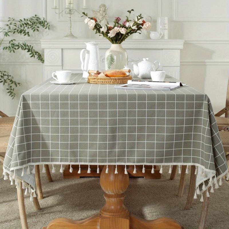 Gray Plaid Tassel Tablecloth Rectangle Stain Resistant Waterproof
