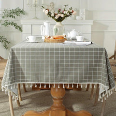 Gray Plaid Tassel Tablecloth Rectangle Stain Resistant Waterproof