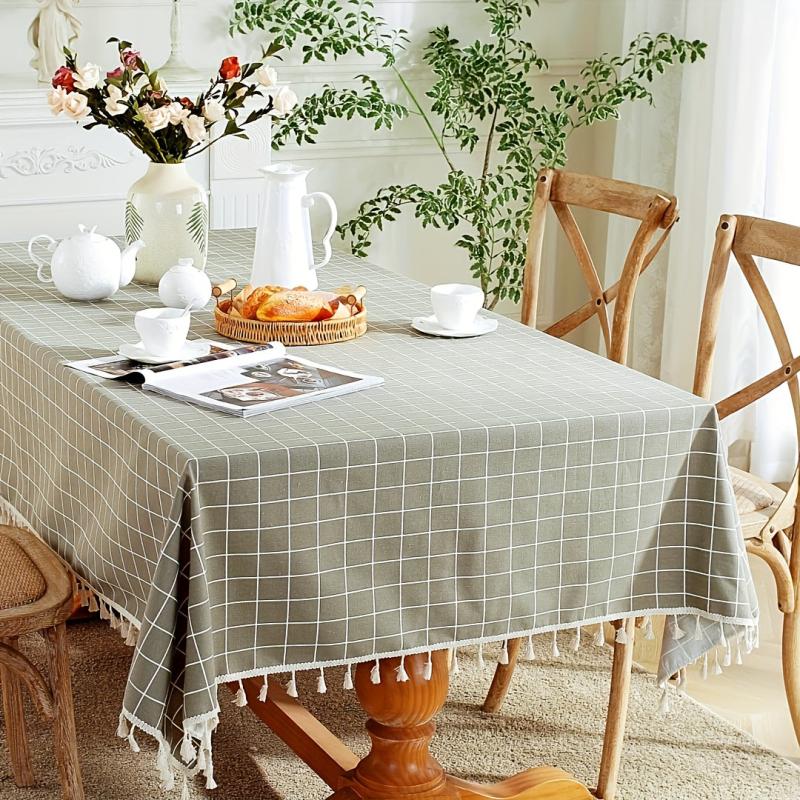 Gray Plaid Tassel Tablecloth Rectangle Stain Resistant Waterproof