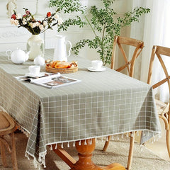 Gray Plaid Tassel Tablecloth Rectangle Stain Resistant Waterproof