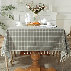 Gray Plaid Tassel Tablecloth Rectangle Stain Resistant Waterproof
