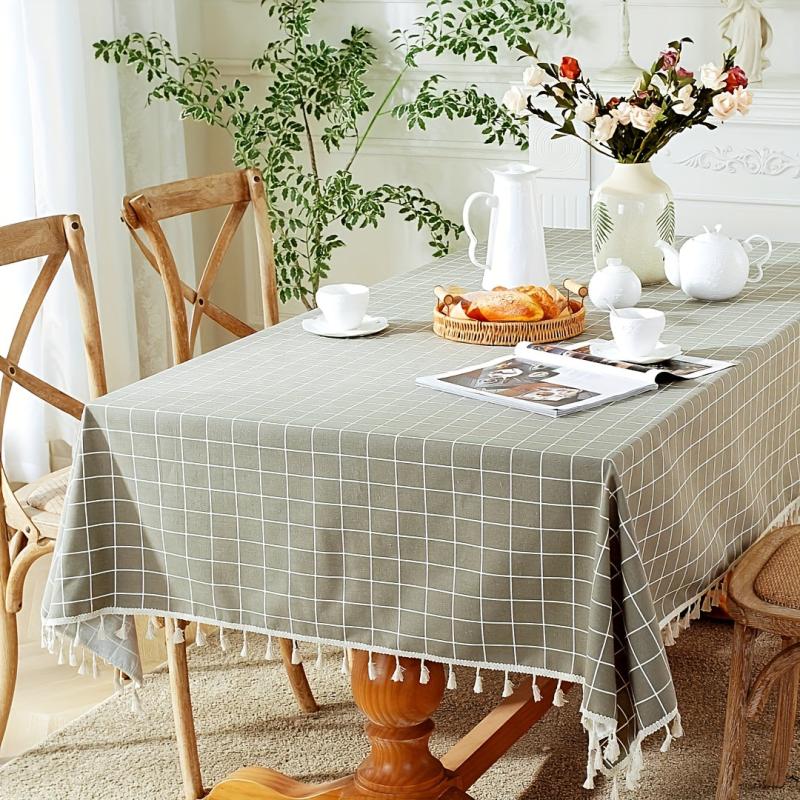 Gray Plaid Tassel Tablecloth Rectangle Stain Resistant Waterproof