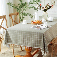 Gray Plaid Tassel Tablecloth Rectangle Stain Resistant Waterproof