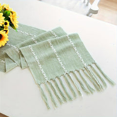 Rustic Linen Table Runner Embroidered with Tassels