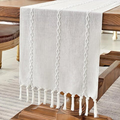 Rustic Linen Table Runner Embroidered with Tassels
