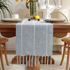 Rustic Linen Table Runner Embroidered with Tassels