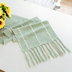 Rustic Linen Table Runner Embroidered with Tassels