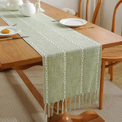 Rustic Linen Table Runner Embroidered with Tassels