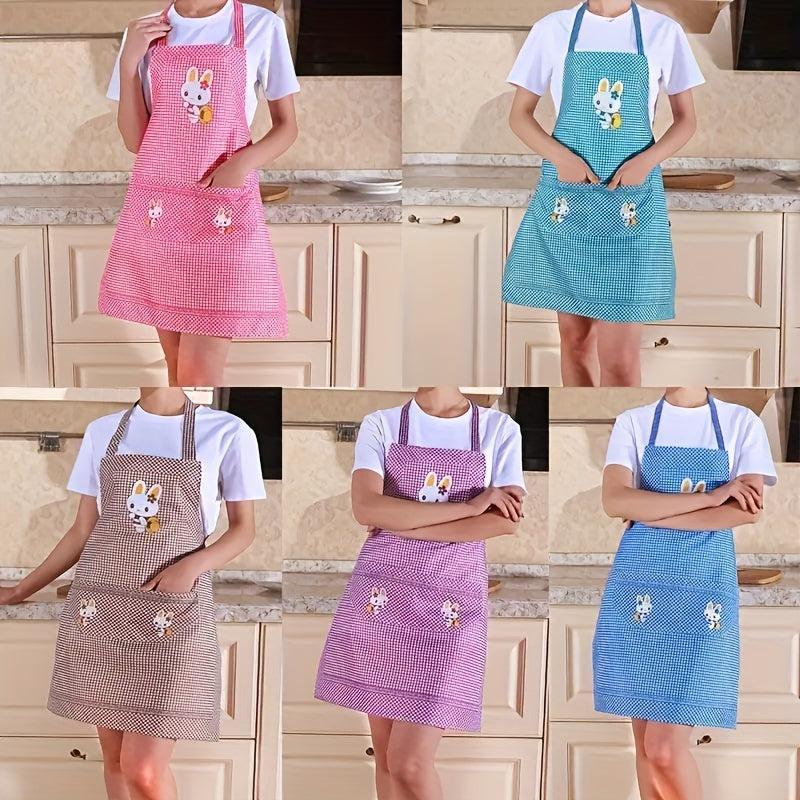 Plaid Rabbit Pattern Polyester Apron with Pocket