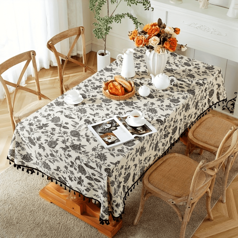 Boho Floral Tablecloth with Tassel - Stain Resistant & Washable