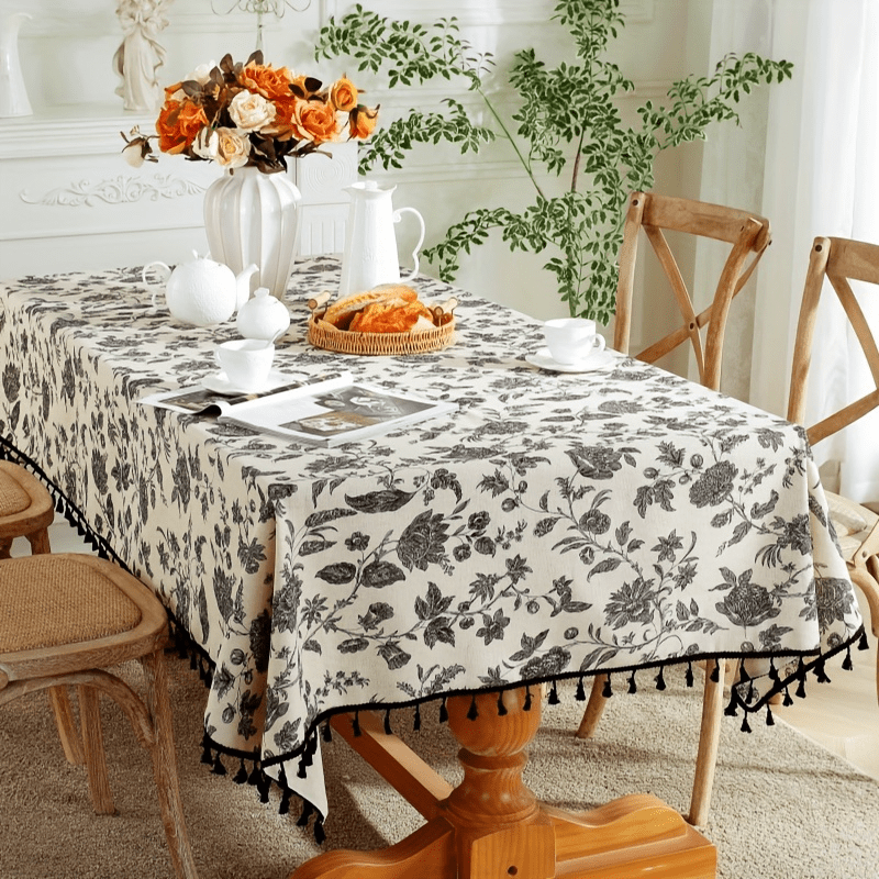 Boho Floral Tablecloth with Tassel - Stain Resistant & Washable