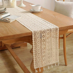 American Vintage Wave Hook Flower Table Runner Beige Tassel Cover