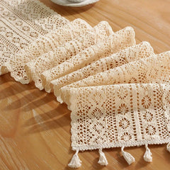 American Vintage Wave Hook Flower Table Runner Beige Tassel Cover