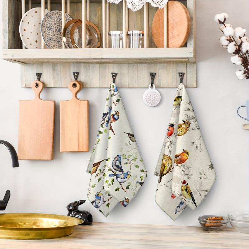 2pcs Bird Tea Towels Absorbent Drying Cloth Farmhouse Kitchen Supplies