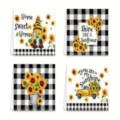 4 Pcs Bee Sunflower Kitchen Towels, Absorbent Plaid Towels