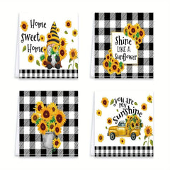4 Pcs Bee Sunflower Kitchen Towels, Absorbent Plaid Towels