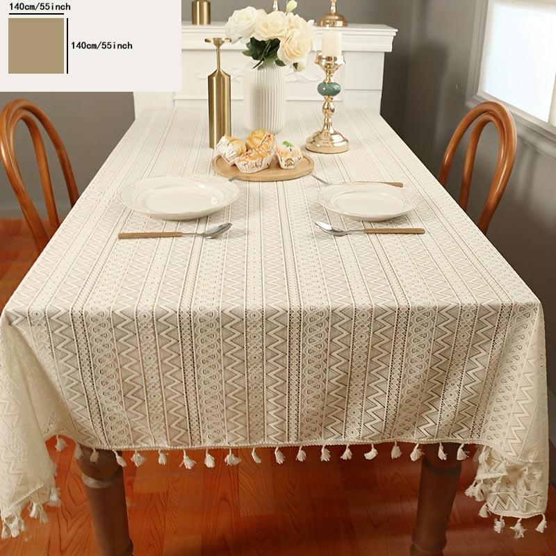 1pc Beige Crochet Hollow Tablecloth Boho Waterproof Washable Table Cover