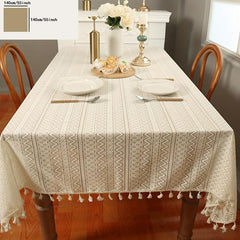 1pc Beige Crochet Hollow Tablecloth Boho Waterproof Washable Table Cover