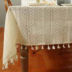1pc Beige Crochet Hollow Tablecloth Boho Waterproof Washable Table Cover