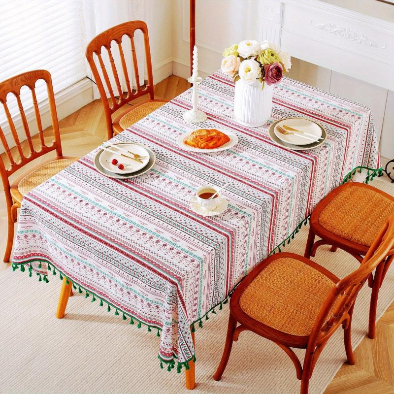 Boho Linen Tassel Tablecloth Stain Resistant for Picnics Camping Weddings