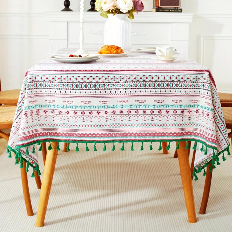 Boho Linen Tassel Tablecloth Stain Resistant for Picnics Camping Weddings