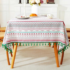Boho Linen Tassel Tablecloth Stain Resistant for Picnics Camping Weddings