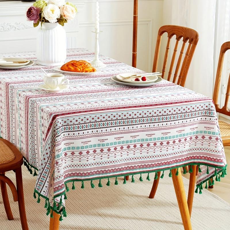 Boho Linen Tassel Tablecloth Stain Resistant for Picnics Camping Weddings