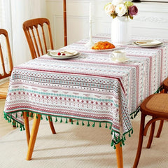 Boho Linen Tassel Tablecloth Stain Resistant for Picnics Camping Weddings