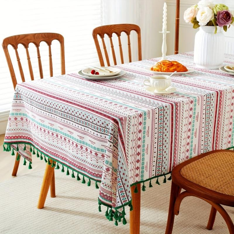 Boho Linen Tassel Tablecloth Stain Resistant for Picnics Camping Weddings