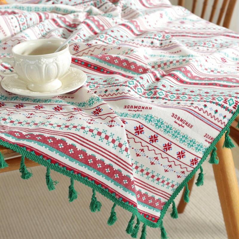 Boho Linen Tassel Tablecloth Stain Resistant for Picnics Camping Weddings