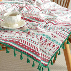 Boho Linen Tassel Tablecloth Stain Resistant for Picnics Camping Weddings
