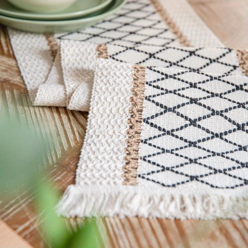 Bohemian Hemp Rope Table Runner - Striped Square Design