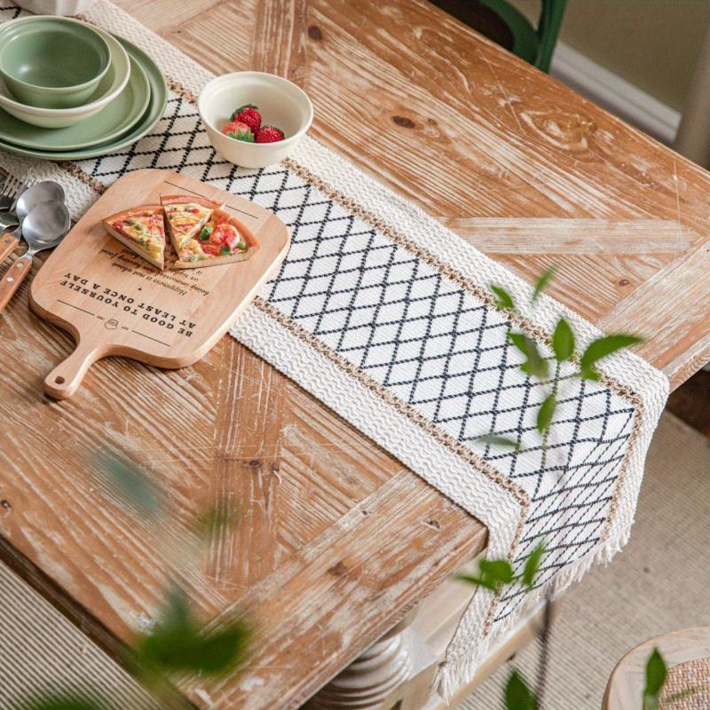 Bohemian Hemp Rope Table Runner - Striped Square Design