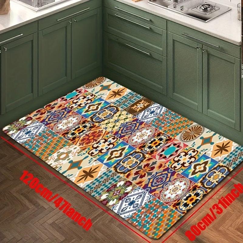 Boho Pattern Kitchen Rugs Vintage Style Non Slip Stain Resistant Floor Mat