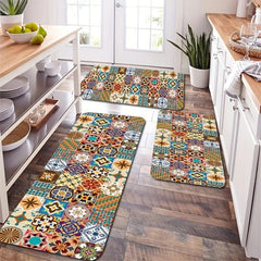 Boho Pattern Kitchen Rugs Vintage Style Non Slip Stain Resistant Floor Mat