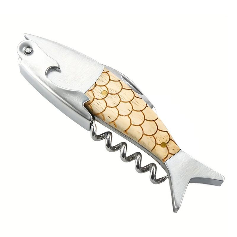 Fish Shape Wood Stainless Steel Wine Bottle Opener