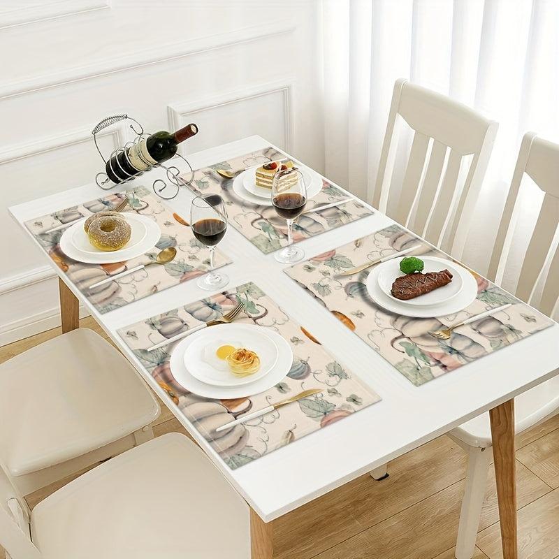 4pcs Pumpkin Vine Thanksgiving Print Linen Placemat Non-slip Heat Insulat