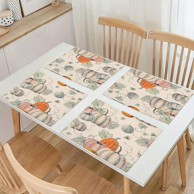 4pcs Pumpkin Vine Thanksgiving Print Linen Placemat Non-slip Heat Insulat